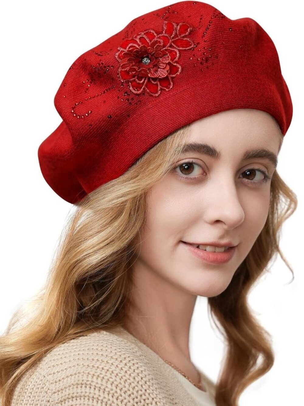 Women's French Style Flower Knitted Embroidery Beret Hats Red